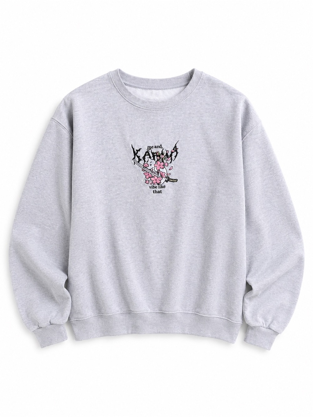 Crewneck Sweatshirt with Floral Graphic “Me and Karma Vibe Like That” XL Gray